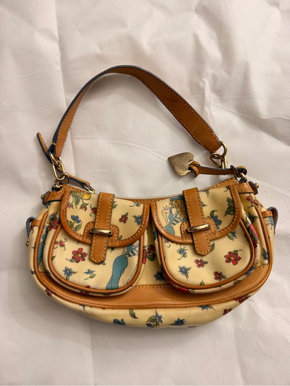 Dooney & Bourke Cream Floral Shoulder Bag with Tan Leather Trim